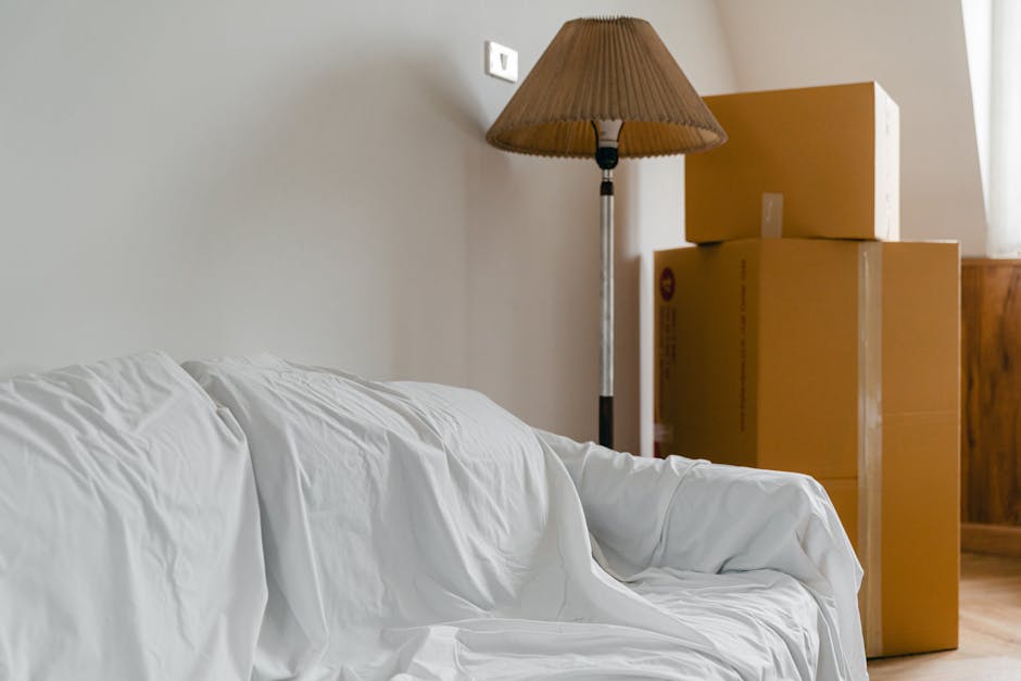 Inside a room prepared for house removals, several cardboard moving boxes are stacked against a wooden wall, with one box secured using clear packing tape. To the left, a white sofa covered with a pro
